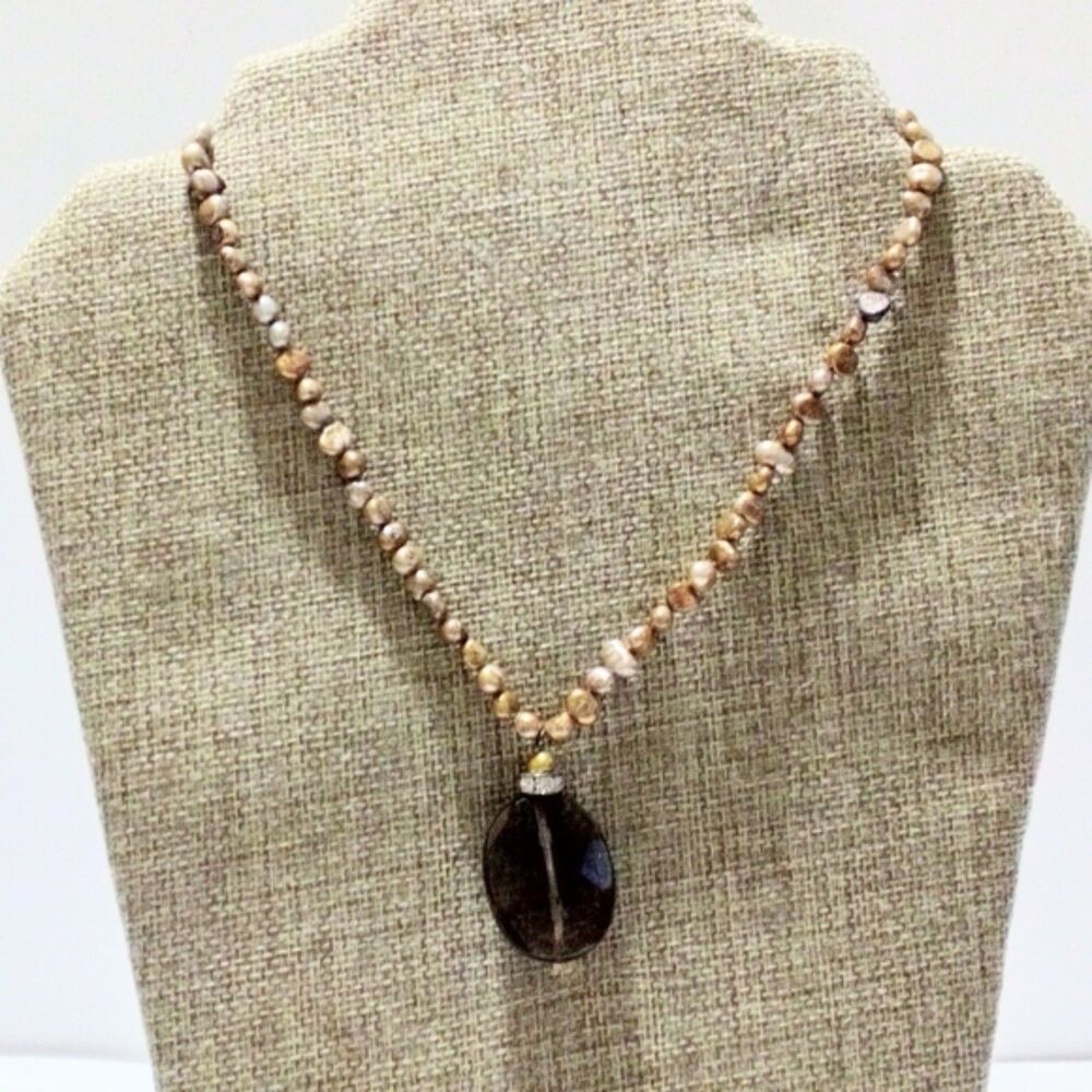 Freshwater Pearl and Faux Smokey Topaz Pendant Necklace